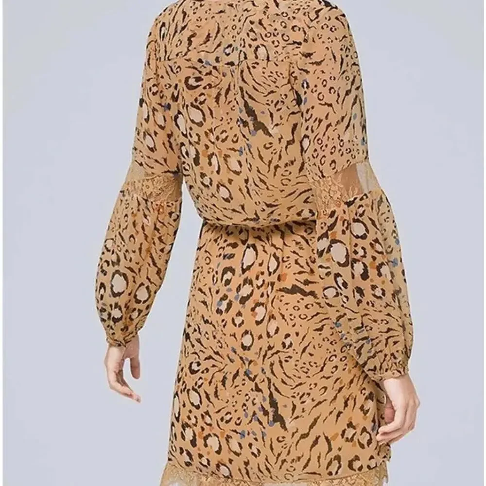 White House Black Market Long Sleeve Beige Animal Print Blouson Dress - Picture 2 of 16